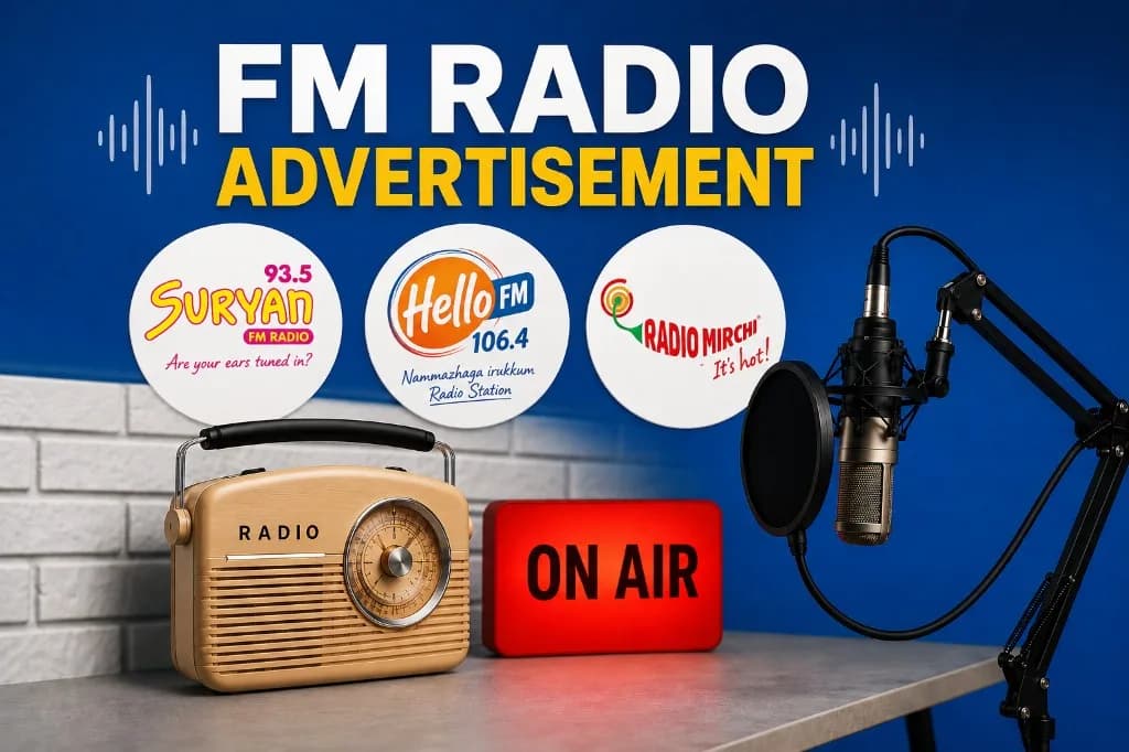 FM radio advertisement services with station partners and studio broadcast setup